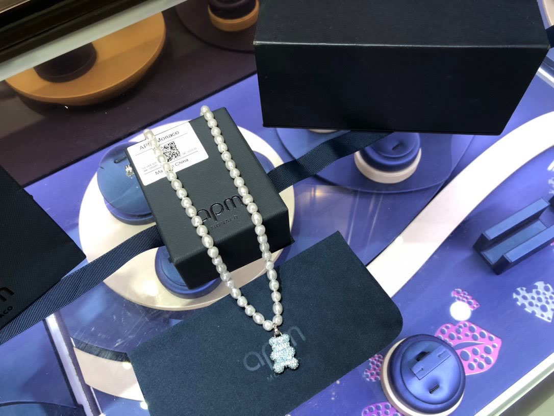 APM Monaco Pearl & Crystal Bear Pendant Necklace